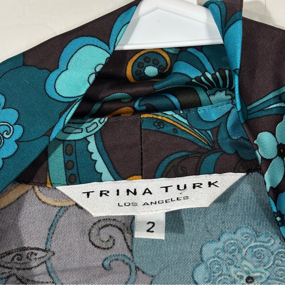 Trina Turk Brown & Blue Floral Dress Cap Sleeve Middle Ruching Viscose Size 2 - Picture 3 of 6